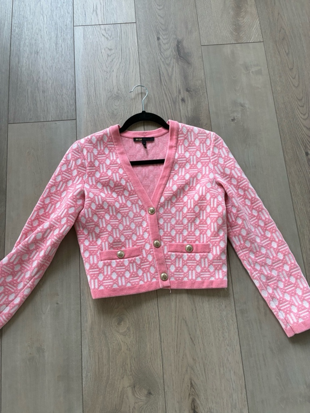 Maje Pink and White Patterned Cropped Cardigan Blazer